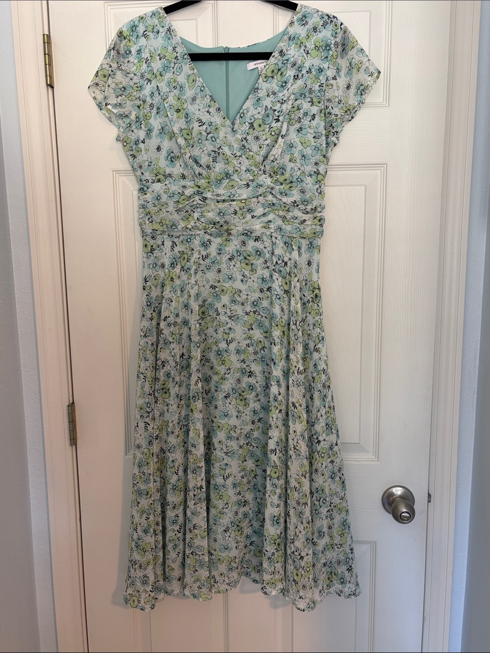 dressbarn Light Blue & Green Floral V-Neck Midi Dress